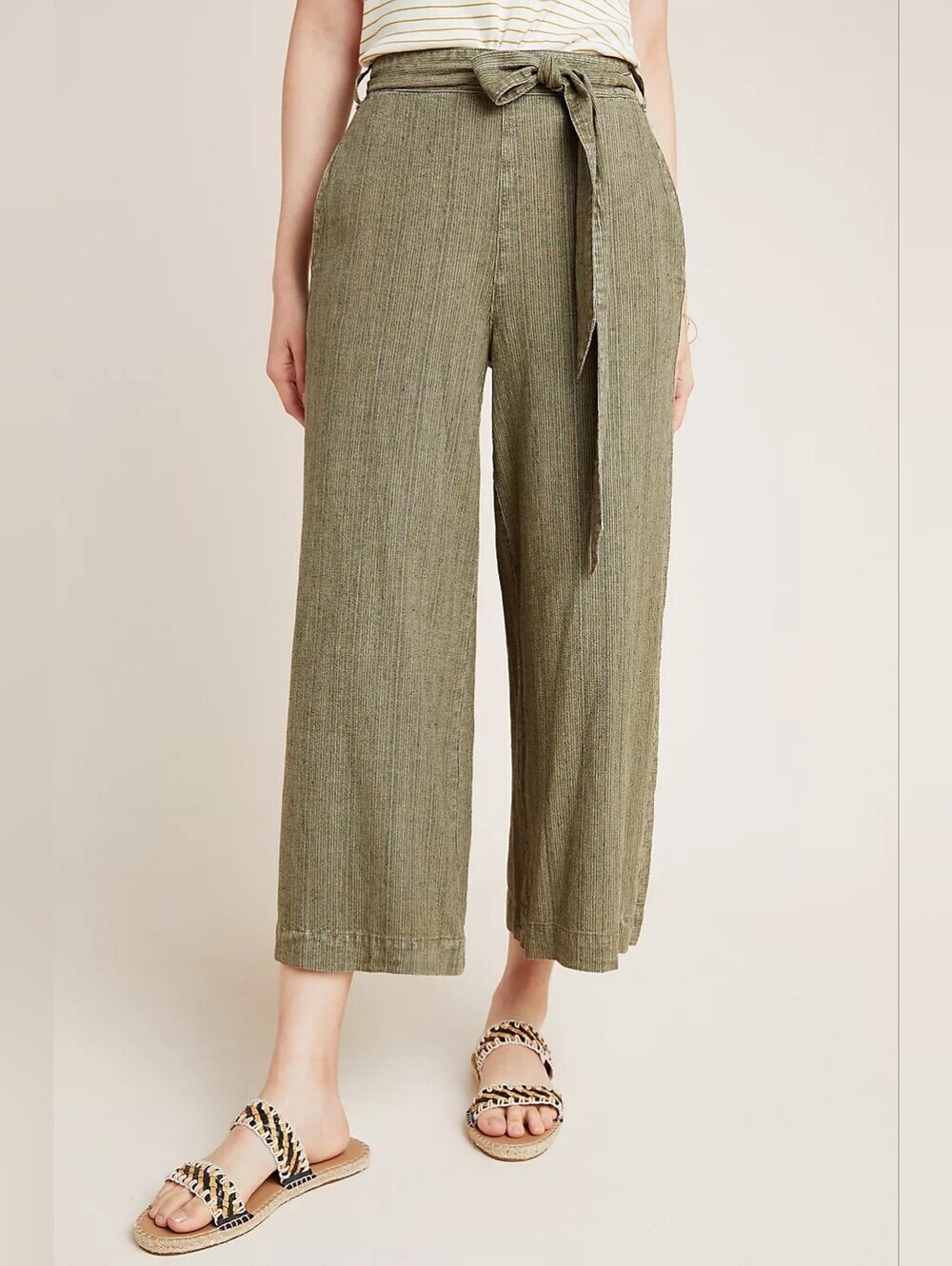 By Anthropologie Overdyed Cropped Wide-Leg Trousers OB1020612 Linen Large Green